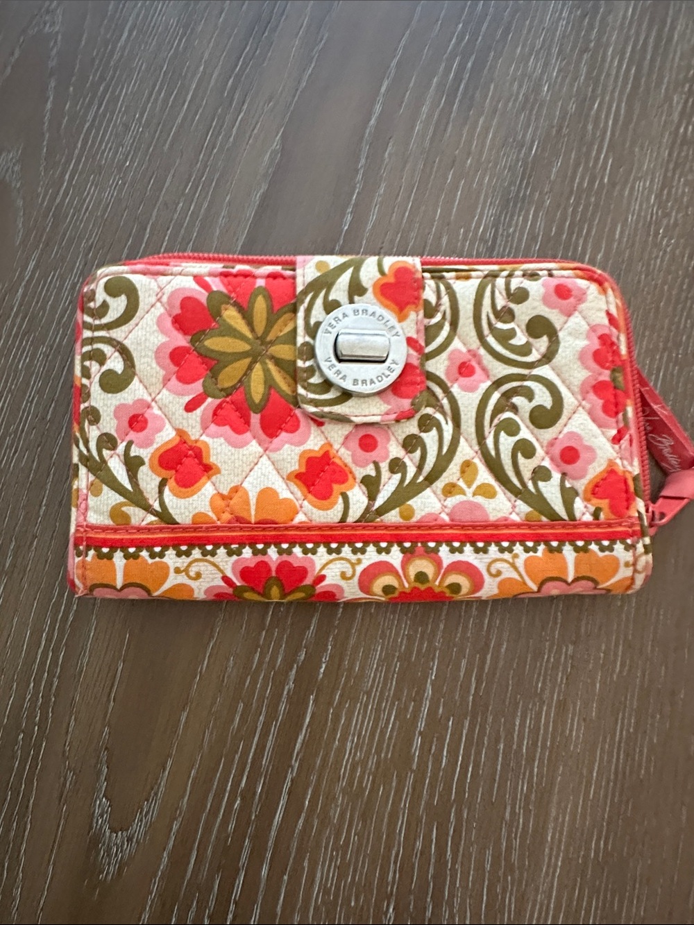 Vera Bradley Quilted Floral Wristlet in Coral, Orange & Olive